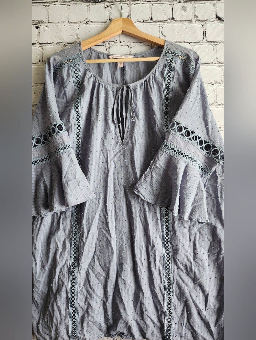 Victoria's Secret Lavender Gray Peasant Blouse with Lace Trim Sz L